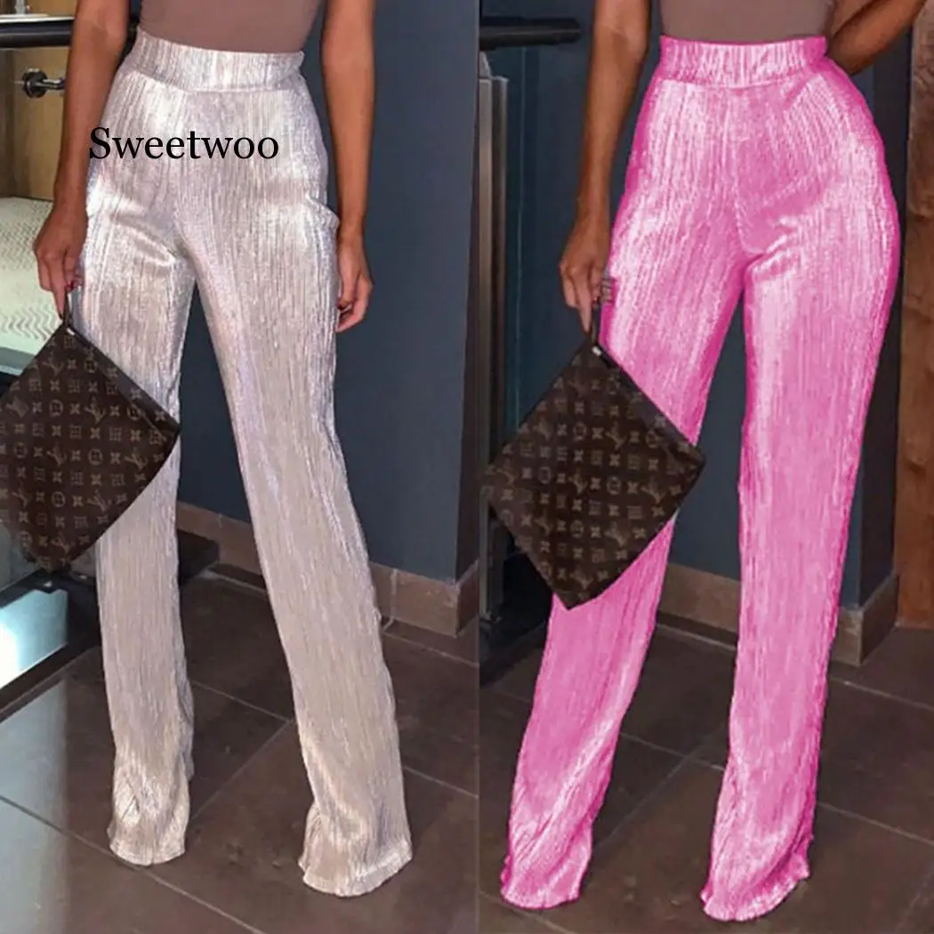 

Сексуальные блестящие женские брюки 2020, модные длинные брюки с широкими штанинами для ночного клуба, повседневные женские брюки с высокой т...