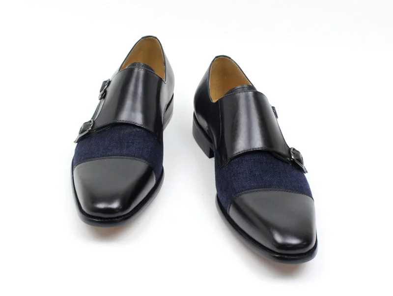 DANIEL WAFER Brand Designer Monk Strap Mens Dress Shoes Genuine Leather With Denim Black Brown Wedding Party Dress Shoes Men