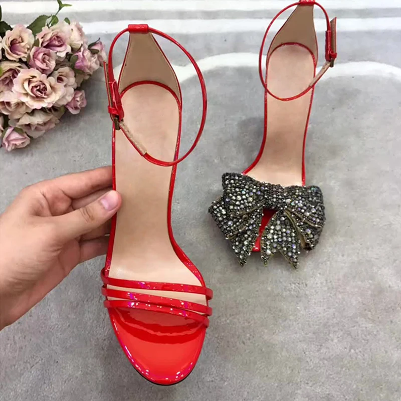 

Prova Perfetto New Rhinestone Bowtie Gladiator Sandals Women Ankle Strap Thin High Heel Fashion Party Wedding Shoes Women