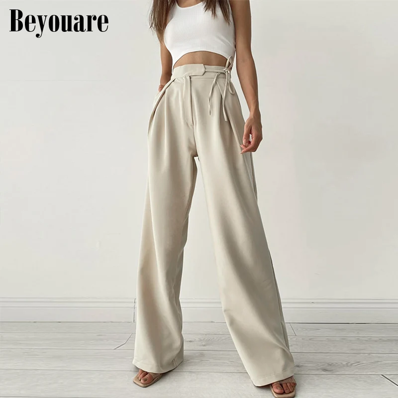 

Beyouare Casual Women Wide Leg Pants Bandage Suit Trousers 2021 Autumn Fashion Streetwear Solid Office Lady Elegant Classic Pant