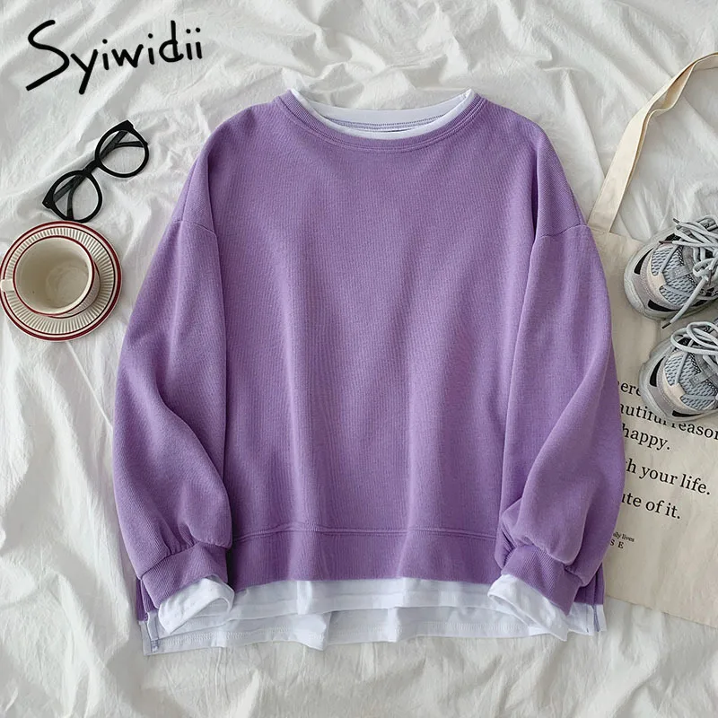 

Syiwidii New Fake 2 Pieces Sweatshirt Women O-Neck Hoodies Loose Long Sleeve Pullovers Korean Fashion Oversized Tops Fall 2021