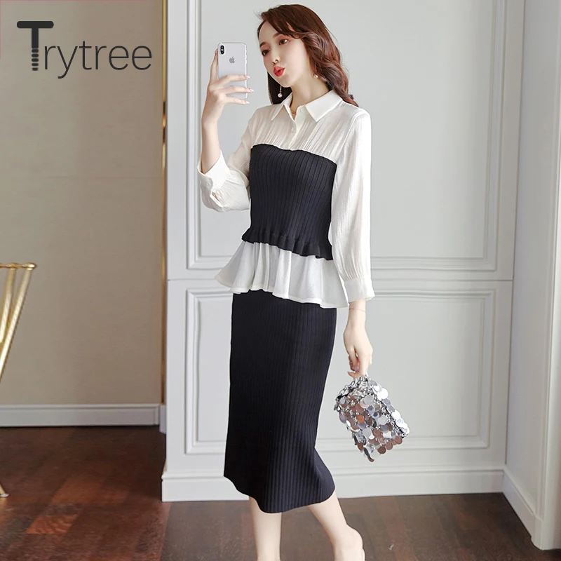 Trytree 2019 осенне зимний комплект из двух предметов Повседневный отложной воротник