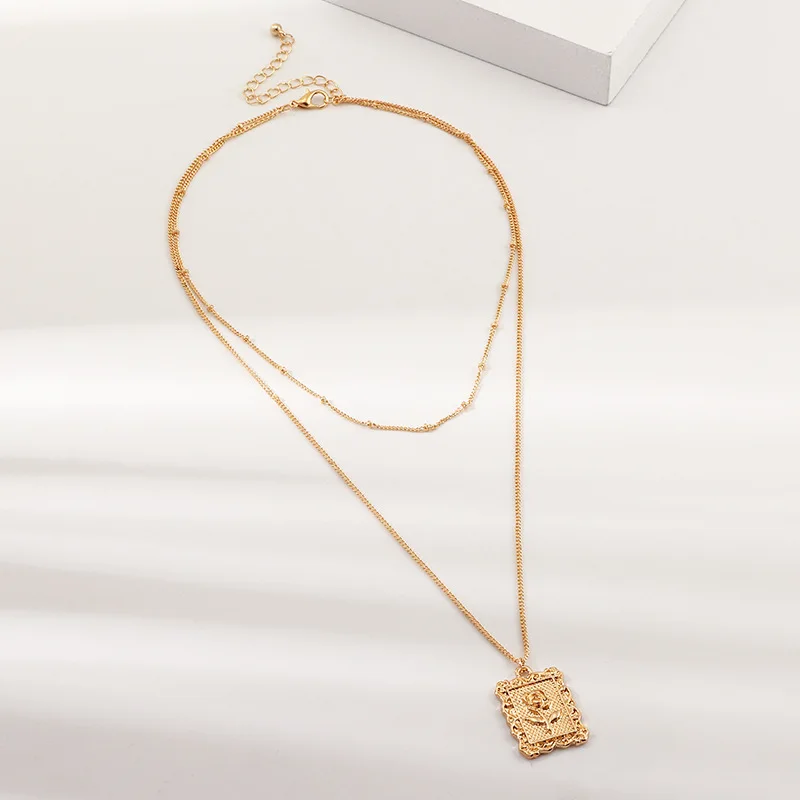 SRCOI Boho Rose Square Pendant Multi Layer Choker Necklace Fashion Simple Chain Metal Flower Women Girl Party 2019 | Украшения и