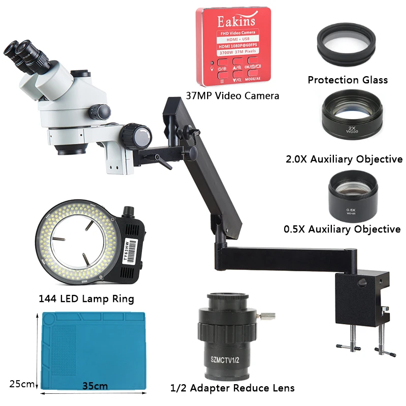 

3.5X - 90X Articulating Arm Pillar Clamp Zoom Simul Focal Industrial Trinocular Stereo Microscope + 37MP 1080P HDMI Video Camera