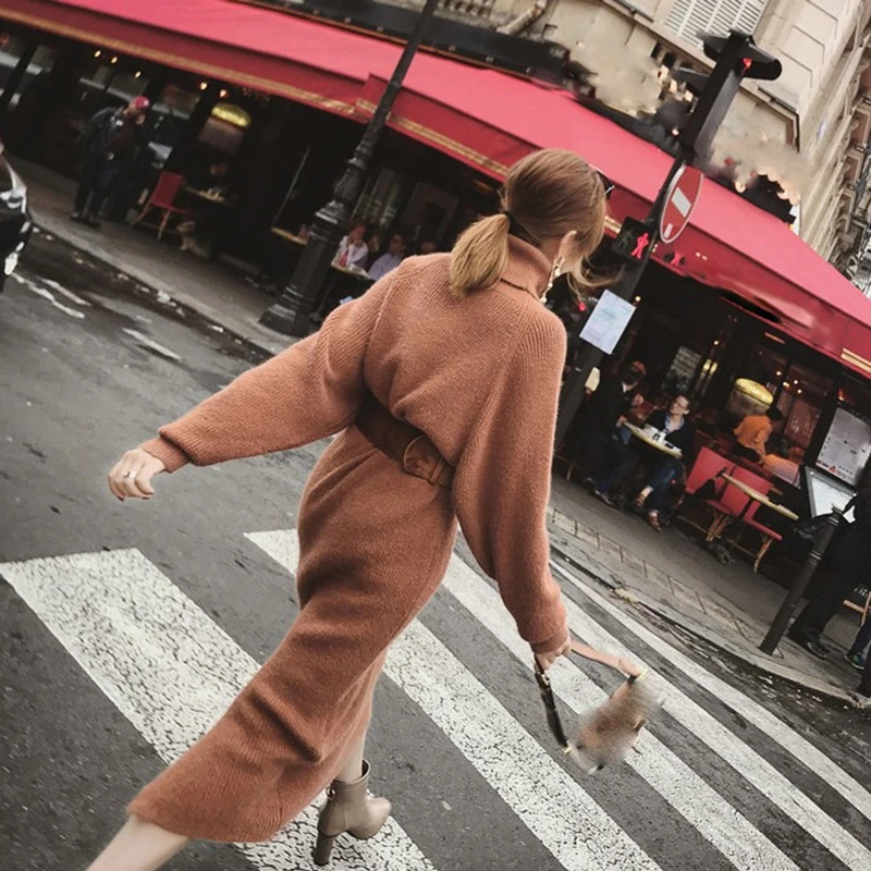 2019 Winter Women Sweater Dress Female Pullover Turtleneck Long Sleeve Warm Slim Kintted With Belt | Женская одежда