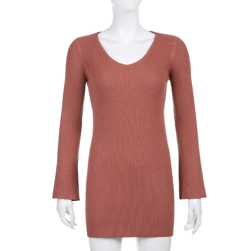 

MWYOOC V-Neck Wrapped Knitted Dress Women Sweater Dresses Autumn Women Knee-Length Bodycon Long Sweater Female Base skirt New