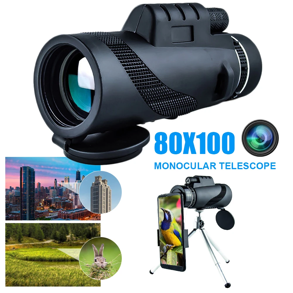 

80*100 HD Monocular Telescope Day/Night Vision BAK4 Prism Optional Phone Adapter Tripod for Bird Watching Hunting Sports