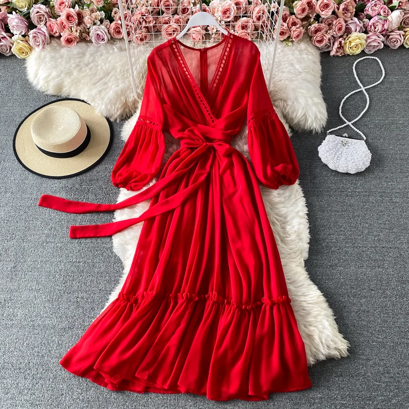 

2021 Autumn Chiffon Holiday Dress Women's Lantern Sleeve V-Neck Zipper Hollow Out Fold Crossing Lace Up Red Mid-Long Vestidos