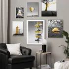 Настенная картина черного и желтого цвета с изображением воздушного шара, маяков, пейзажа, плакаты и принты, картина для гостиной, домашний декор