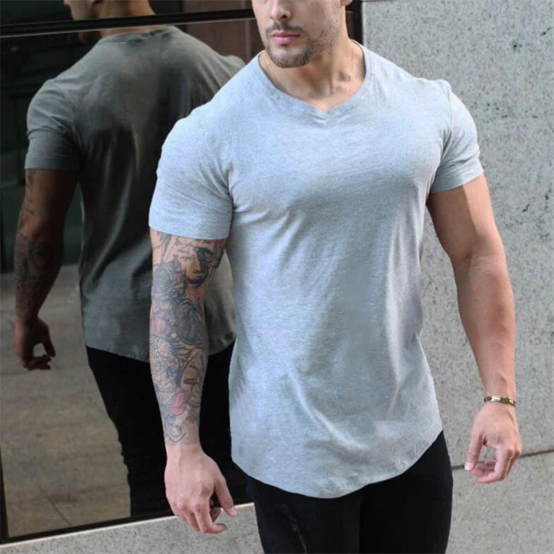 

Summer Solid Short Sleeve T-shirt Men Fashion Casual Slim Elastic Cotton T Shirts Male Tops Tee Bodybuilding Fitness clothing