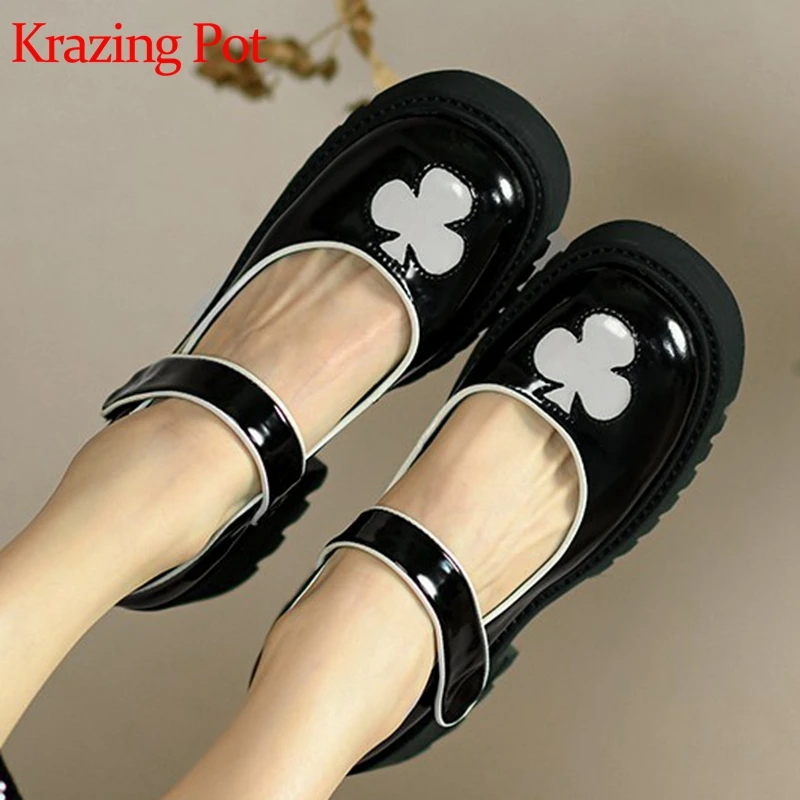 

Krazing pot mixed colors loafers hook loop round toe waterproof thick med heels kid leather prints spring sweet women pumps l07