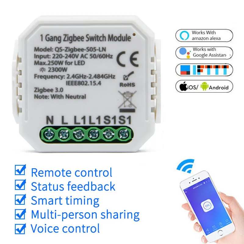 

Tuya Zigbee S05 LN 3.0 Smart DIY WiFi Switch Module No/With Neutral EU/UK 220V 1Way Wireless Light Switch Relay Compatible Alexa