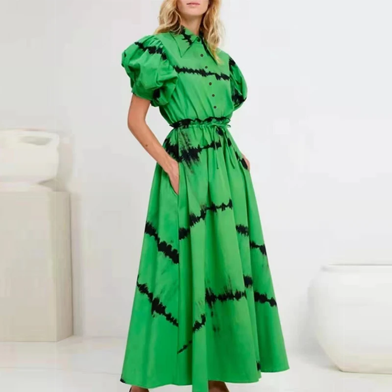 

Dress for Women 2021 Designer Fashion Summer Dress Women Puff Sleeve Green White Yellow Belt High Quality Dresses