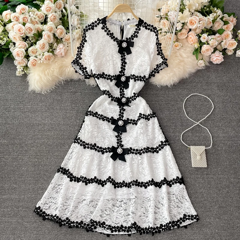 

Women Summer Dress 2021 Sexy Elegant Bow Party Skirt Dresses Women Design Palace Style Lace Floral Dress платье летнее