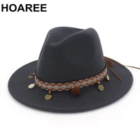 hoaree dark gray fedoras hats for women ethnic style wool trilby hat female wide brim vintage ladies autumn brand panama hat