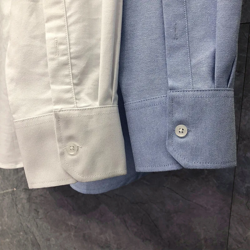 

TB THOM BULUO Brand Shirts Men Slim Patch Long Sleeve Striped Casual Shirt Turn Down Collar Oxford Solid Men's Clothing