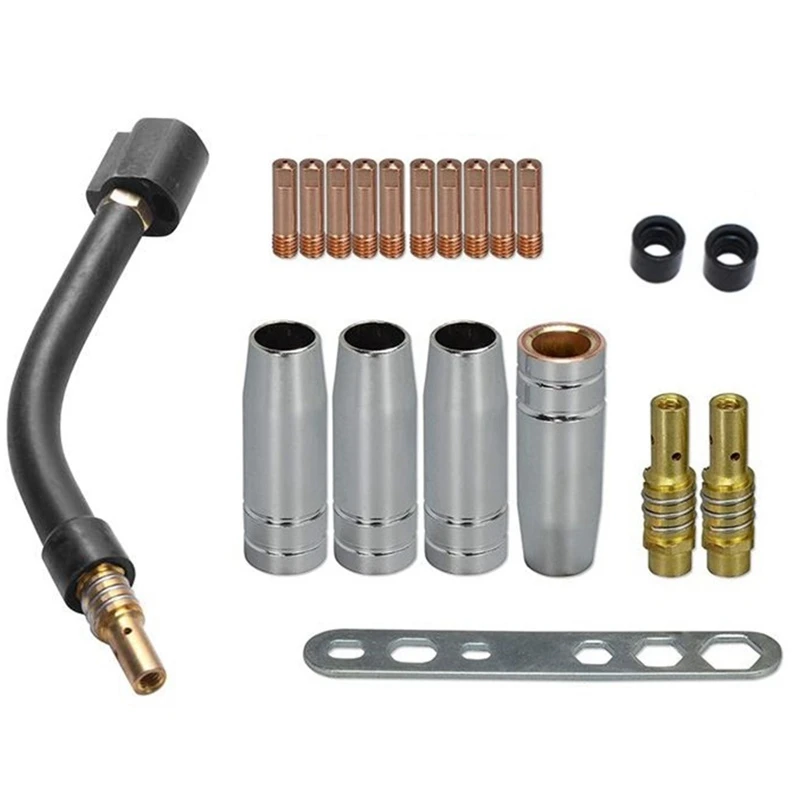 

20 Pcs 15Ak Binzel Torch Consumables Electrode and Shield Cups and Link Rod Tips Goose Neck Bend for Mig Welding Machine