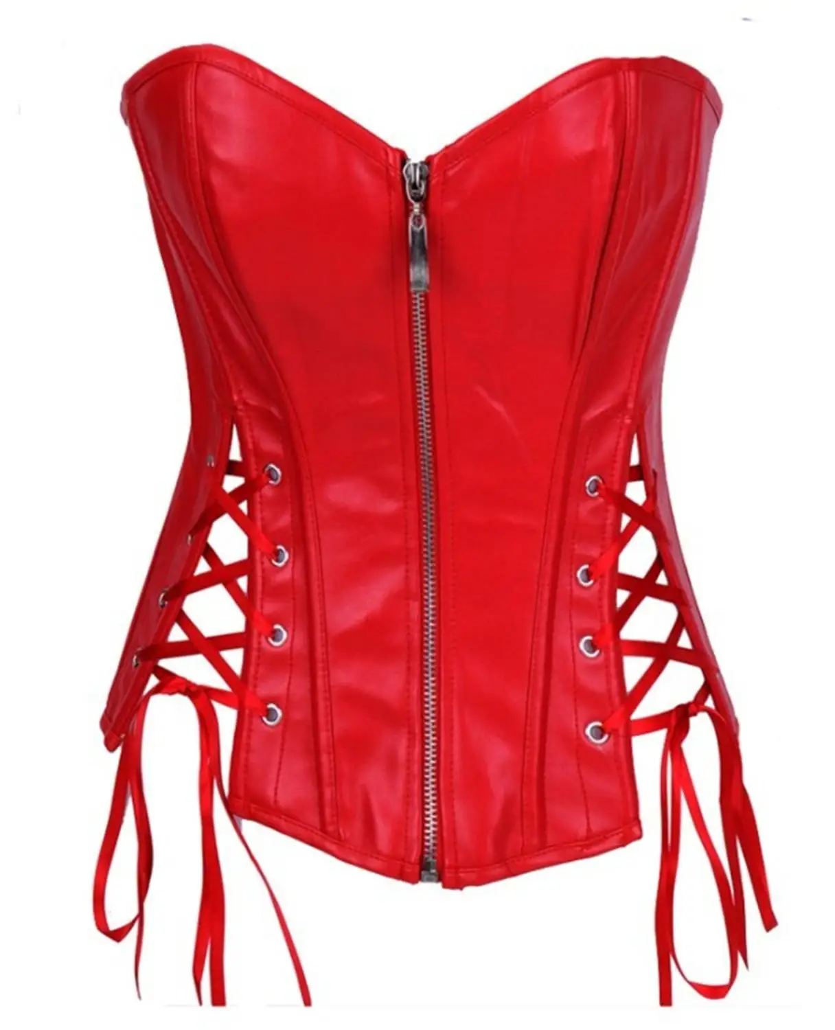 Leather Corset Top Burlesque Zipper Costume Hollowing Out Both Sides Up Boned Carnival Shirt Red Sexy Espartilhos For Women | Женская