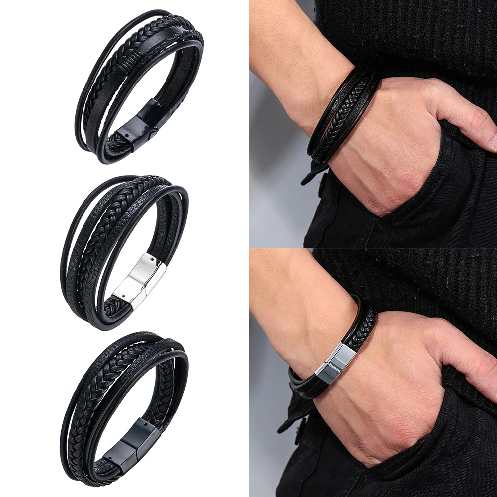 Винтажный Мужской Многослойный кожаный браслет с магнитной застежкой