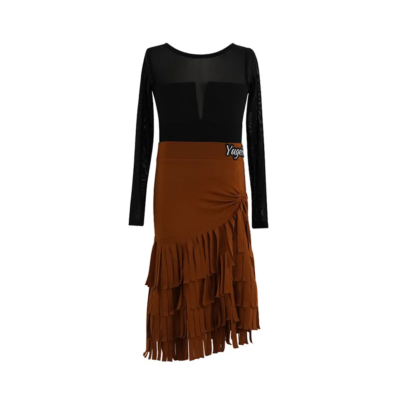 

Latin Dance Dress Girls Mesh Long-Sleeved Bodysuit Fringed Skirt Cha Cha Rumba Samba Tango Dancing Costumes Show Wear