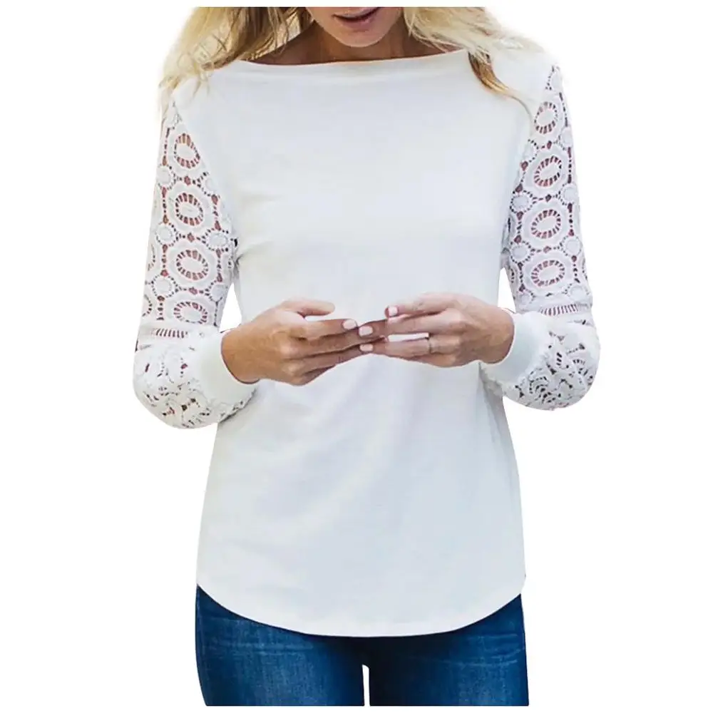 

2020 Spring Summer New Lace Stitching Long-Sleeved Bottoming Shirt Female Solid Color Hollow Puff Sleeve Slash Neck Casual Top