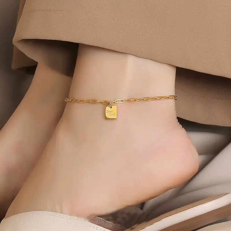 

Stainless Steel Good Luck Letter Square Anklet For Women Temperament New Jewelry Simple Metallic Anklets