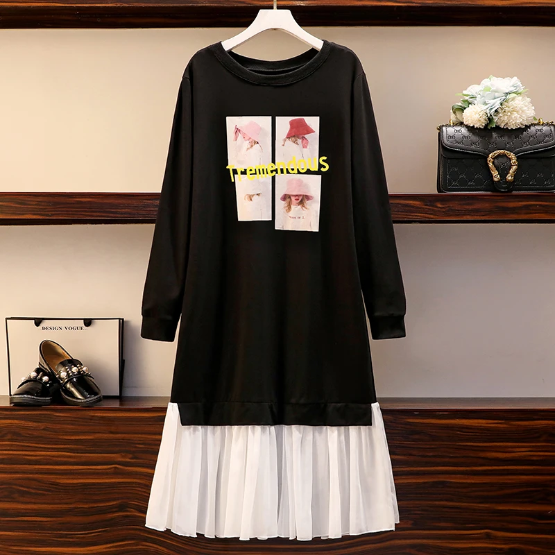 

2021 New Hit Spring Autumn Korean Style Black Dress For Women O Neck Long Sleeves Patchwork Ruffles Print Dresses