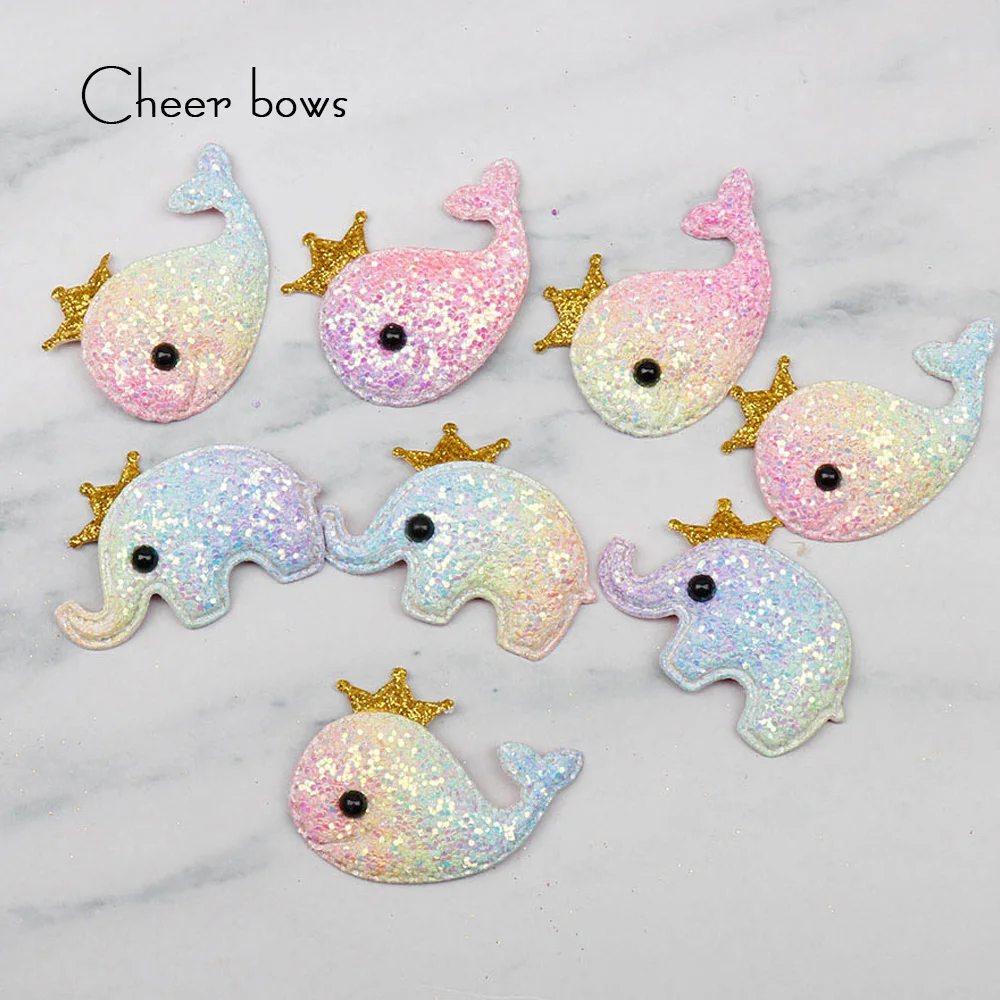 

Cheer Bows Shiny Glitter Padded Patches Crown Dolphin/Elephant Appliques DIY Baby Clothes Hair Clips Ornament Accessories 10pcs