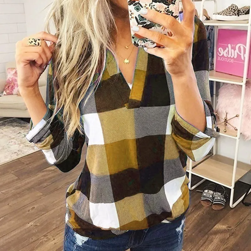 

Spring New Women T-Shirt Casual Plaid Printed Long Sleeve Female T-Shirt Fashion V-Neck Patchwork Loose Office Lady t Shirt