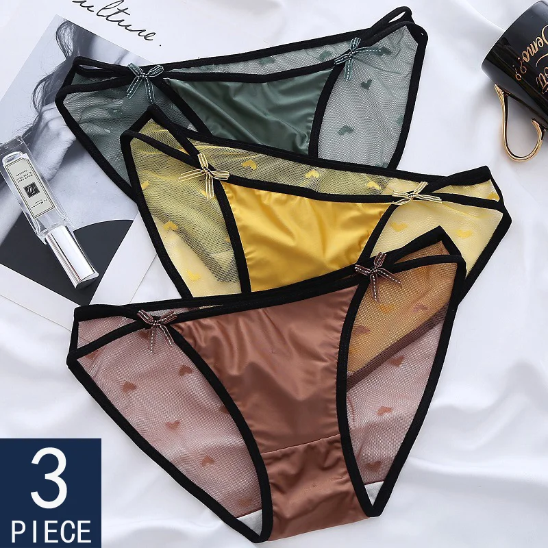 

3pcs Delicate Soft Comfortable Panties Mesh Lace-up Bow Knot Low-rise Briefs TransParent Comfort Female Underpants M L XL