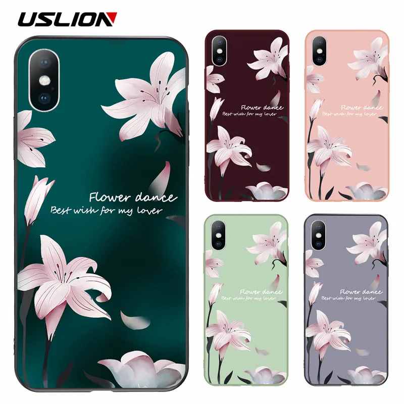 USLION Floral Flower Paint Phone Case For iPhone X XS XR Xs Max Soft TPU Letters Full Cover 6 6s 7 8 Plus 5 5s SE |