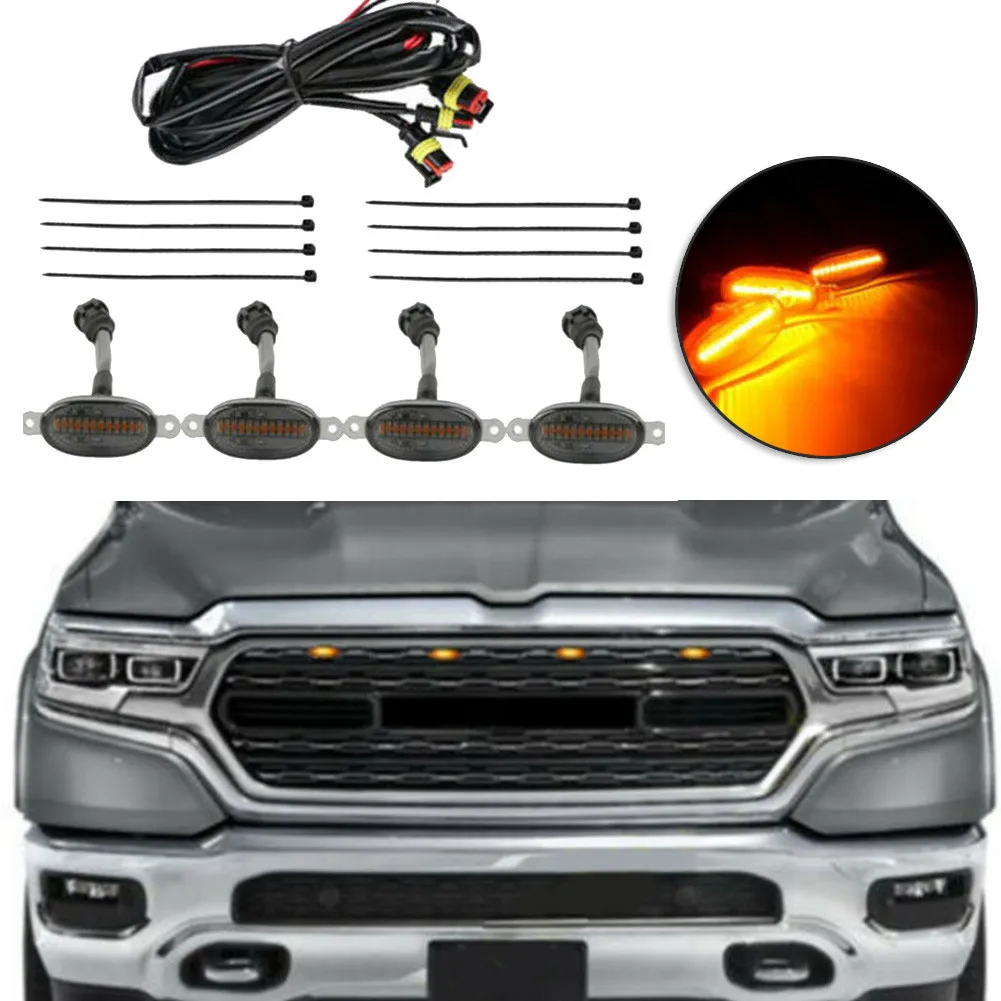 

4pcs 12LED Smoke Front Grille LED Amber Light Raptor Style Cover For Ram 1500 ABS Plastic Car Lights With Wiring Harness