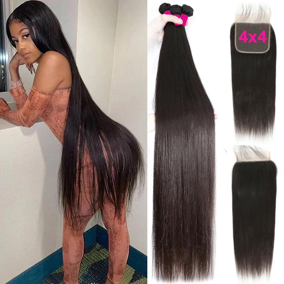 Bone Straight Hair 3 Bundles With Closure 30 Inch Brazilian Human Hair Wave For Black Women Bundles And A Closure Hair Extension