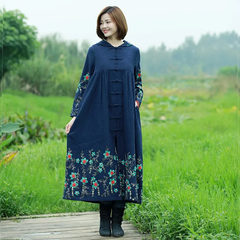 Винтажные женские хлопковые пальто китайский длинный плащ ветровка с капюшоном