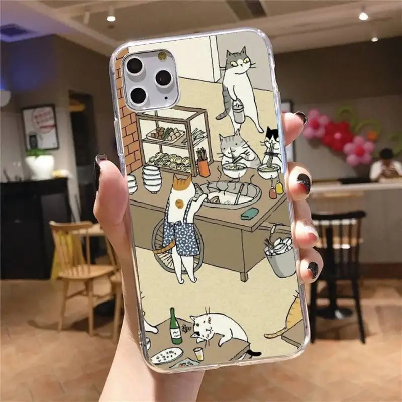 

Retro illustration Cute Japanese Cats Phone Case Transparent for iPhone6 7 8 11 12 s mini pro X XS XR MAX Plus cover funda shell
