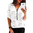 Женская блузка с V-образным вырезом, блузка из полиэстера с длинным рукавом, на молнии, с принтом сердечек, топ-рубашка, женская одежда, 2021