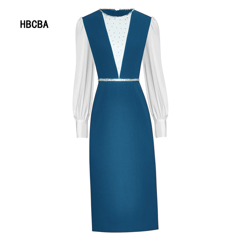 

HBCBA Fashion Designer Autumn Blue Dress Women's O-neck Long Sleeve Crystal Beading Elegant Office Lady Midi Dress