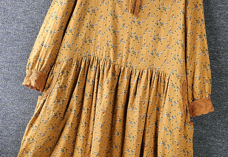 

2020 Mori Girl Women Dress Autumn Fresh Embroidery Turndown Collar Print Cotton linen Long Sleeve Loose Dresses Women