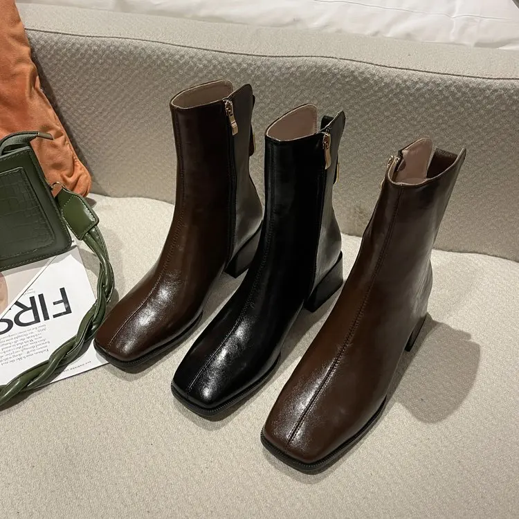 

Women's Short Boots 2021 Autumn Fashion PU Leather Square Toe Thick Heel Boots Back Zipper Low-heeled Boots for Women