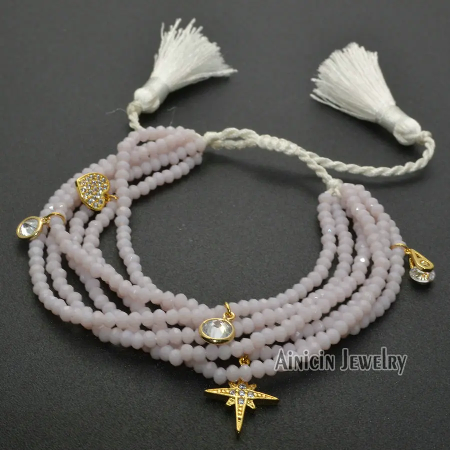 

Gold Star Charms Fashion Women Adjustable Tassel Bracelets Rose Pink Color Crystal Glass Summer Jewelry Gift 12pcs/lot