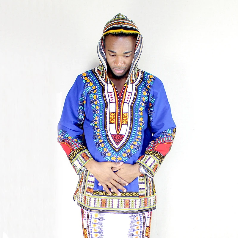 muslim clothing mens Dashiki Pure Cotton African Hoodie Hippie Shirt Boho Caftan sarees for women in india Blue Top Unisex