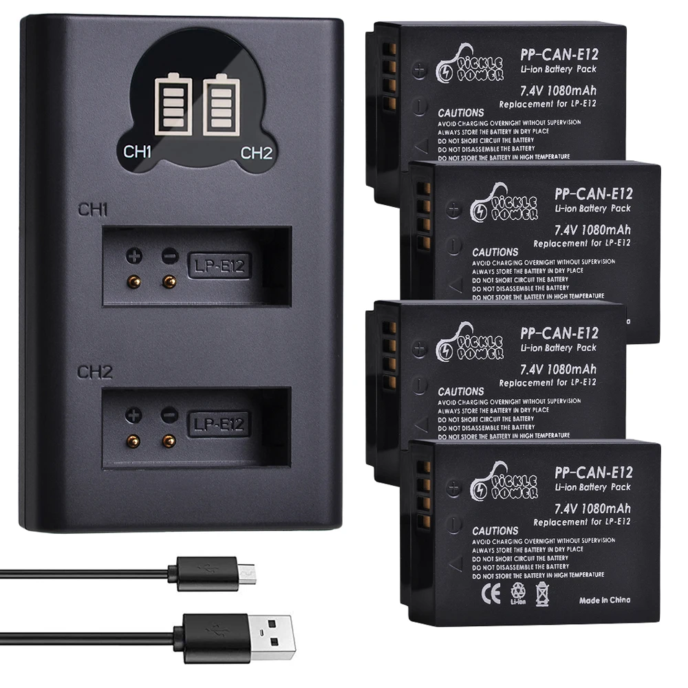 4 шт. LP E12 LPE12 литий ионный аккумулятор и светодиодный двойной USB зарядное