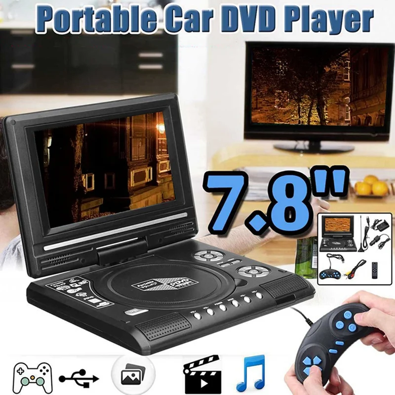 

7.8 Inch TV Home Car DVD Player Portable HD VCD CD MP3 HD DVD Player USB SD Cards RCA Portable Cable Game 16:9 Rotate LCD Sn