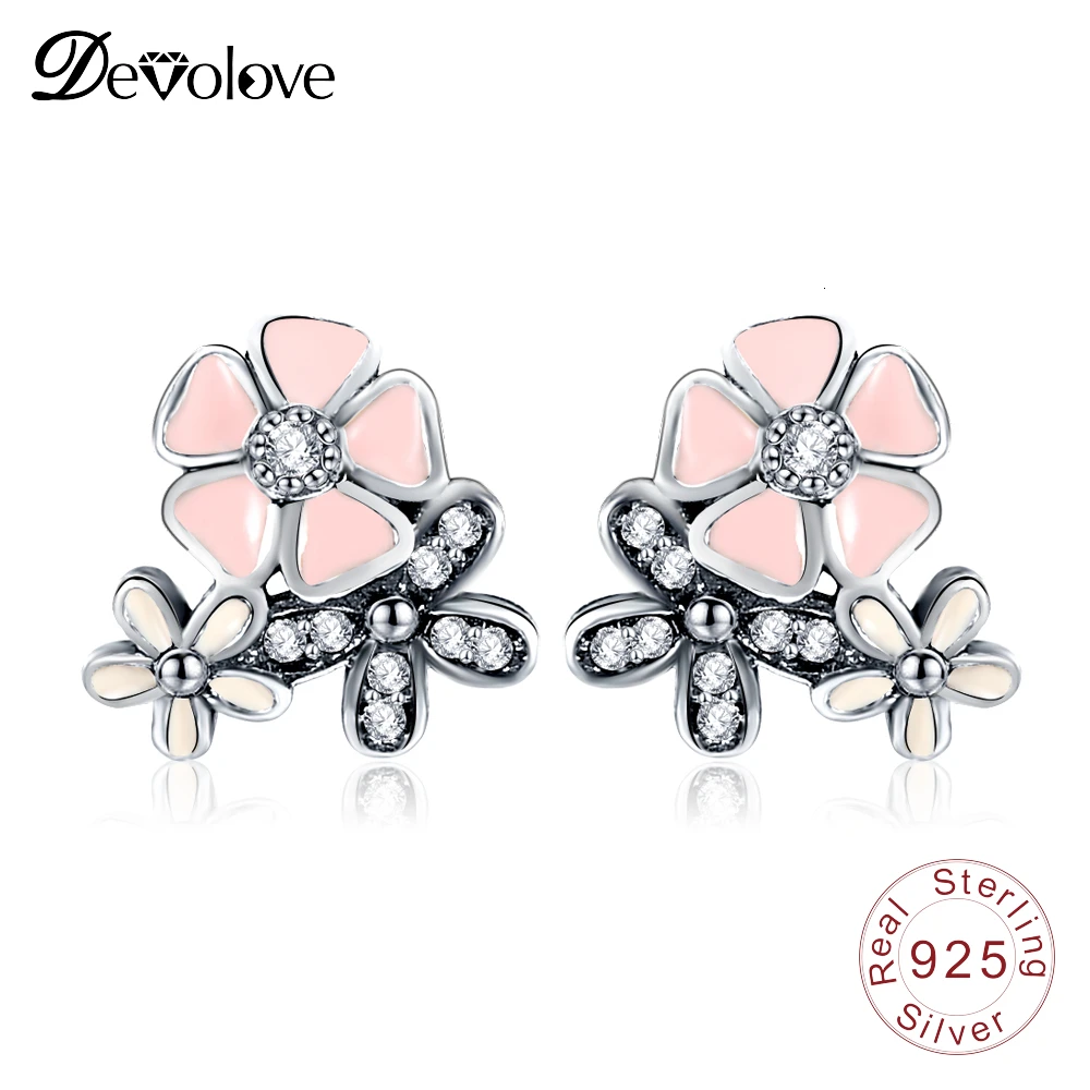 DEVOLOVE Мода 100% 925 стерлинговые серебряные серьги розовые ромашки вишня цветок