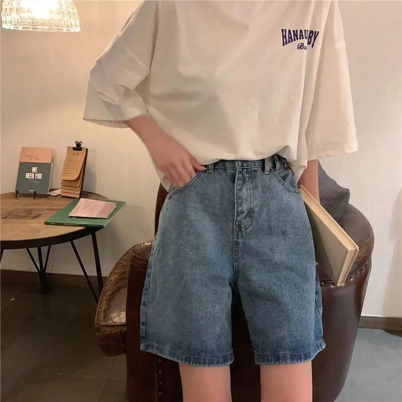 Straight Shorts Women Ulzzang Summer Chic High Waist Denim Preppy Girls Streetwear All-match Leisure Stylish Women's Clothing | Женская