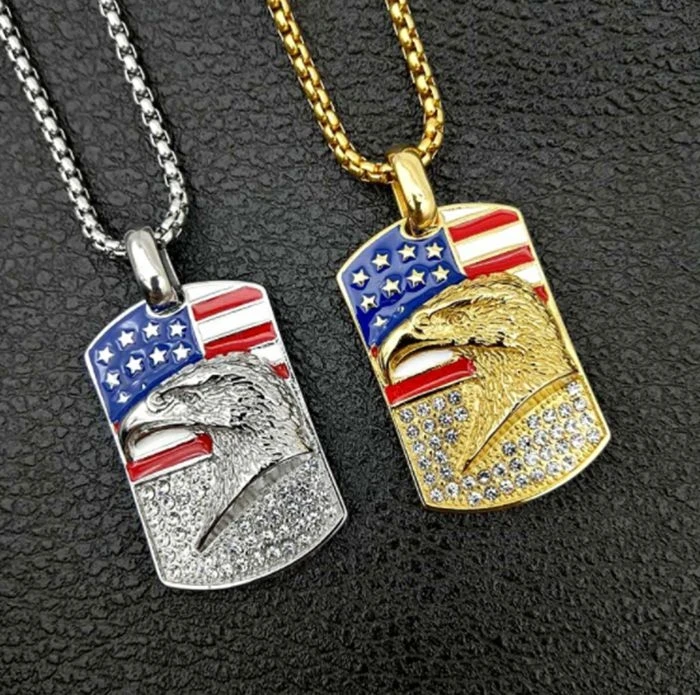 

Hip hop American Flag Eagle Necklace Pendant all Rhinestone Gold alloy necklace men's jewelry