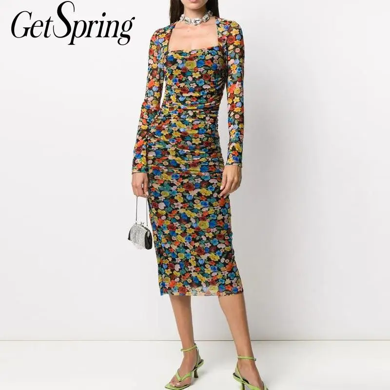 

Getspring Women Dress Square Collar Long Sleeve Printing Dresses Women Vintage Sexy Long Flowers Dresses Spring Autumn 2020 New