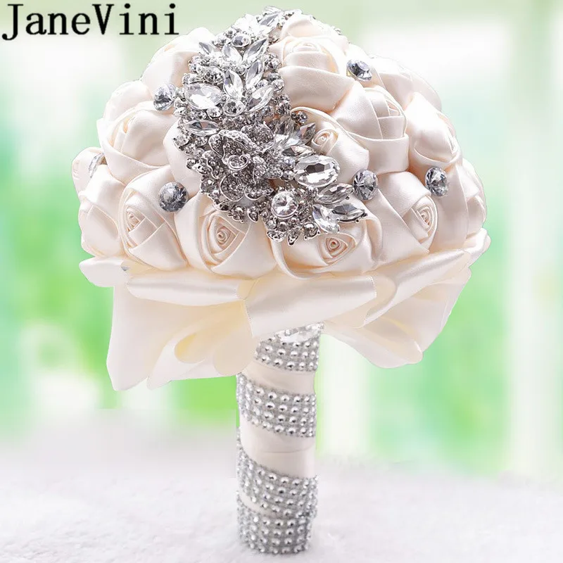 JaneVini серебряный кристалл красный свадебный букет цветов атласная роза бисером