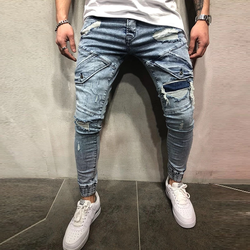 

New Foreign Trade Men's Slim Jeans, Black Hole Men's Jeans Blue Leggings