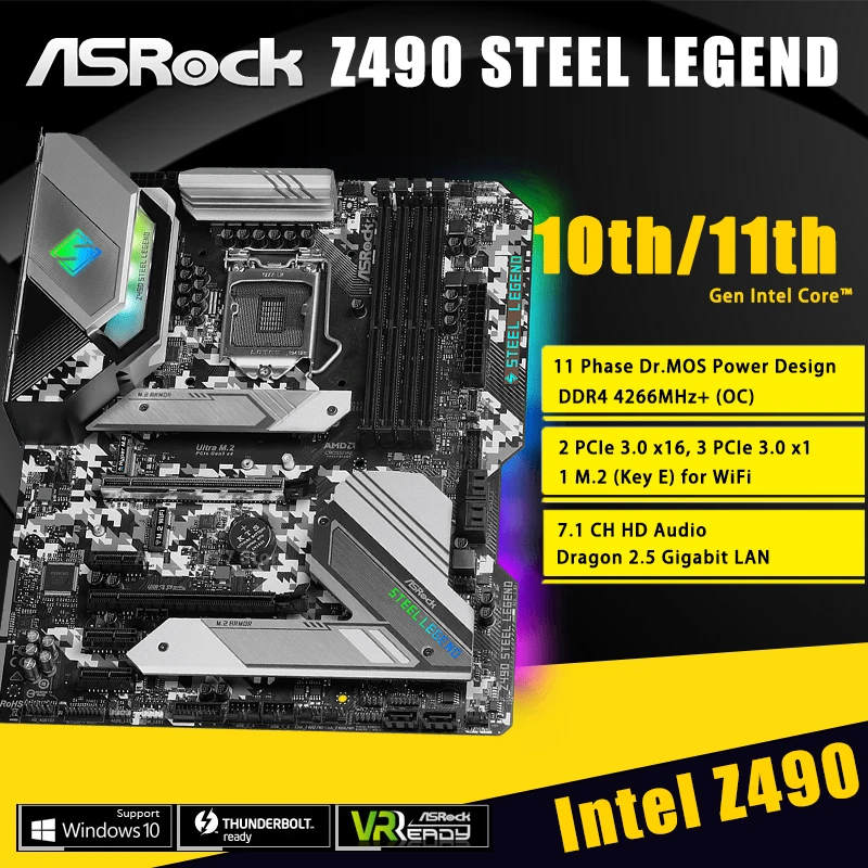 Bestellen ASRock Z490 Stahl Legende ATXIntel Z490 10th Generation Core/Pentium/Celeron DDR4 M.2 SATA III 6 ×USB 3,1 128GB LGA 1200 Motherboar